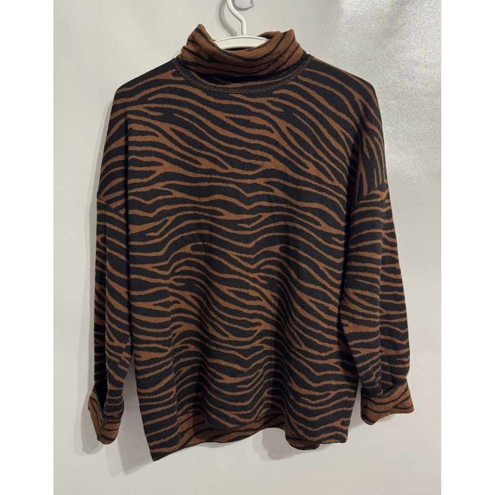 Max Mara Weekend Knit Large ? Black Brown Zebra Sweater Womens Wool Turtleneck